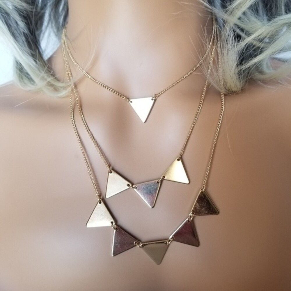 3 strands Gold  Geometric Layered Necklace 16" Studio S  *